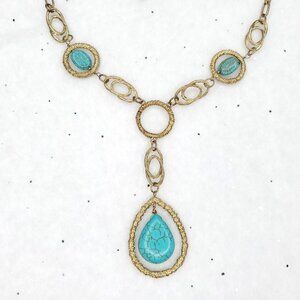 Gold Tone Y Drop Necklace Blue Stone Tear Drop Pendant Boho